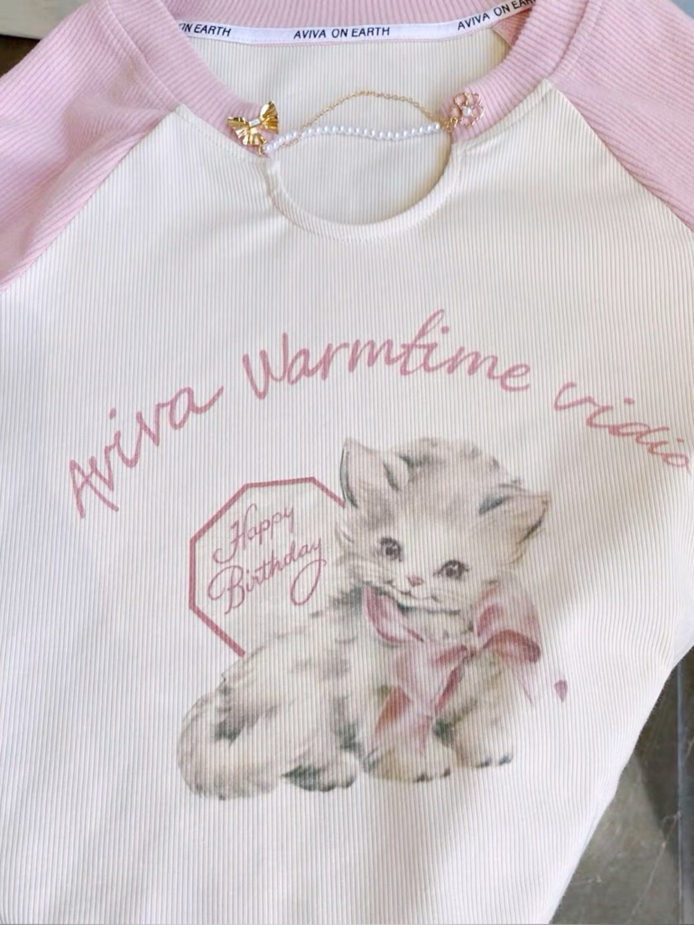 Rare style Aviva On Earth Pink & Cream Kitten Graphic Raglan Tee